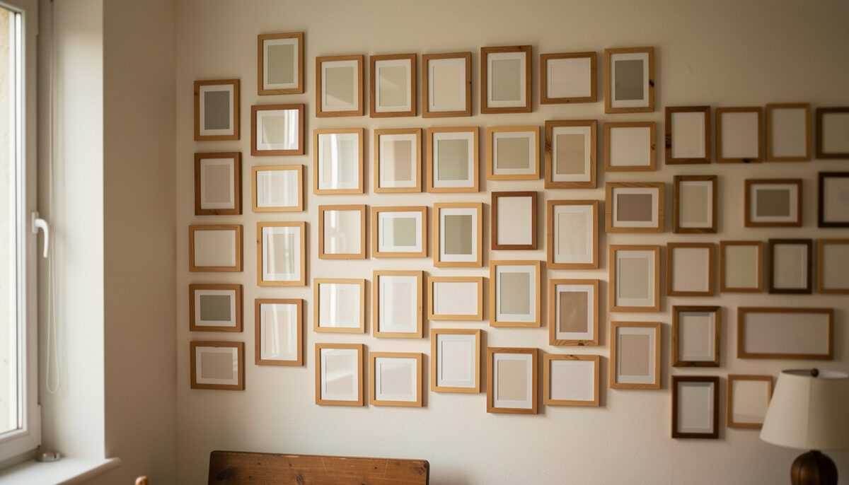 A wall in a small room covered with many small framed cards arranged in a loose grid, warm light, frames empty of readable content