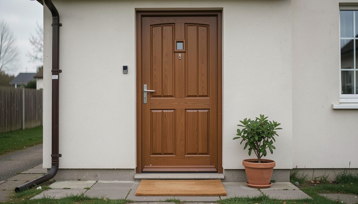 The front entrance of a small house seen straight on, door closed, a plain doormat and one potted plant beside it, overcast daylight