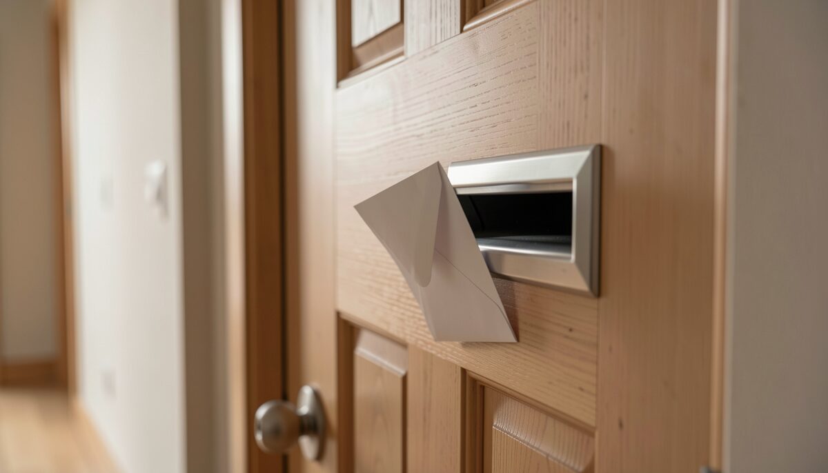 A letter slot in a front door with a paper envelope half-inserted, seen from inside a hallway, soft light, no readable writing on the envelope