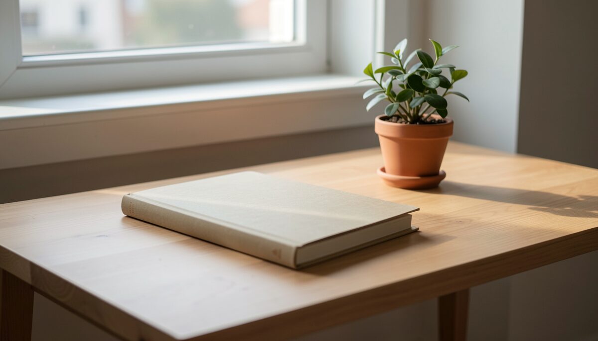 A plain wooden desk by a window holding a closed paper journal and a small potted plant, morning light, no readable text anywhere